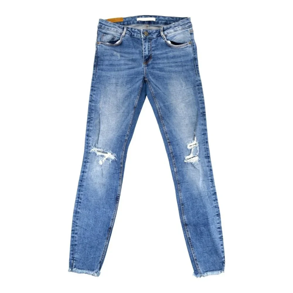 ZARA Trafaluc Denim Wear Skinny‎ Leg Jeans Women's 04 Blue Low Rise Distressed